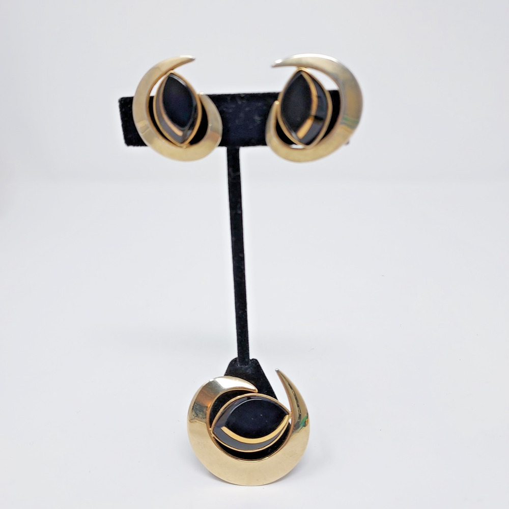 Vintage Sarah Coventry Black Saturn Collection Brooch Earrings Set Signed 1961